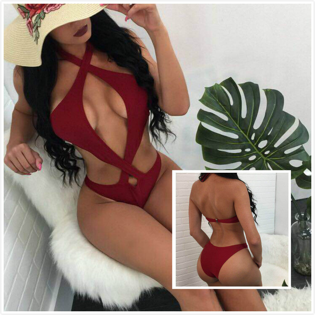 Sexy Halter Cross Design Solid Color Bikini Swimwear