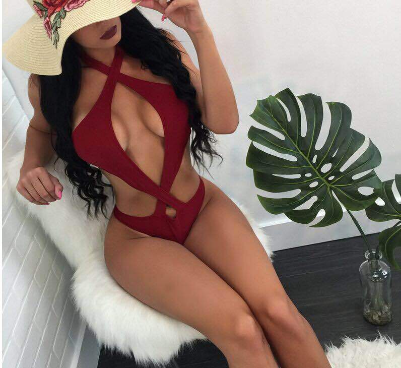 Sexy Halter Cross Design Solid Color Bikini Swimwear