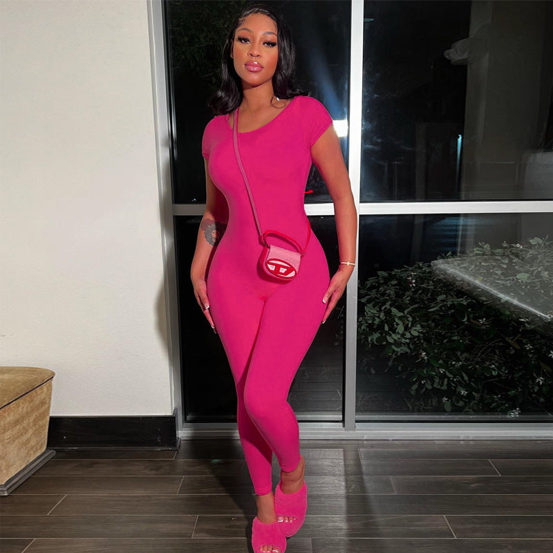 Women's Casual Round Neck Solid Color Short Sleeve Backless Bodysuit