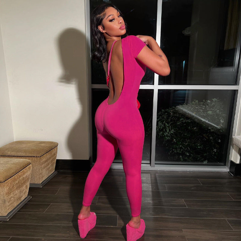 Women's Casual Round Neck Solid Color Short Sleeve Backless Bodysuit