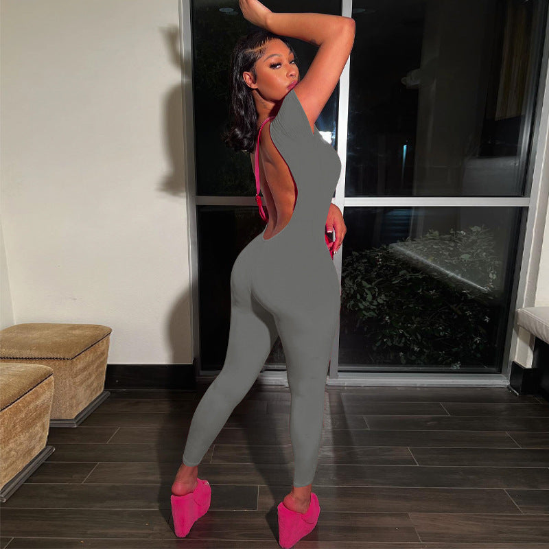 Women's Casual Round Neck Solid Color Short Sleeve Backless Bodysuit