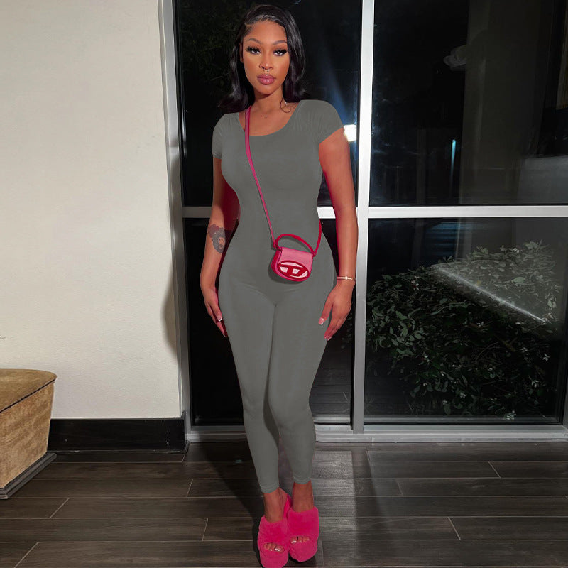 Women's Casual Round Neck Solid Color Short Sleeve Backless Bodysuit